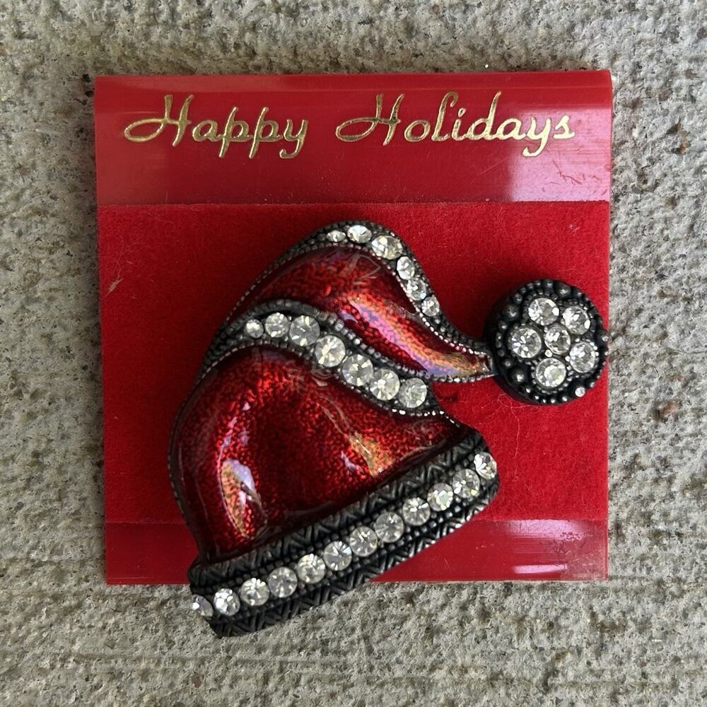 Christmas Santa Hat Brooch Pin Rhinestone Vintage